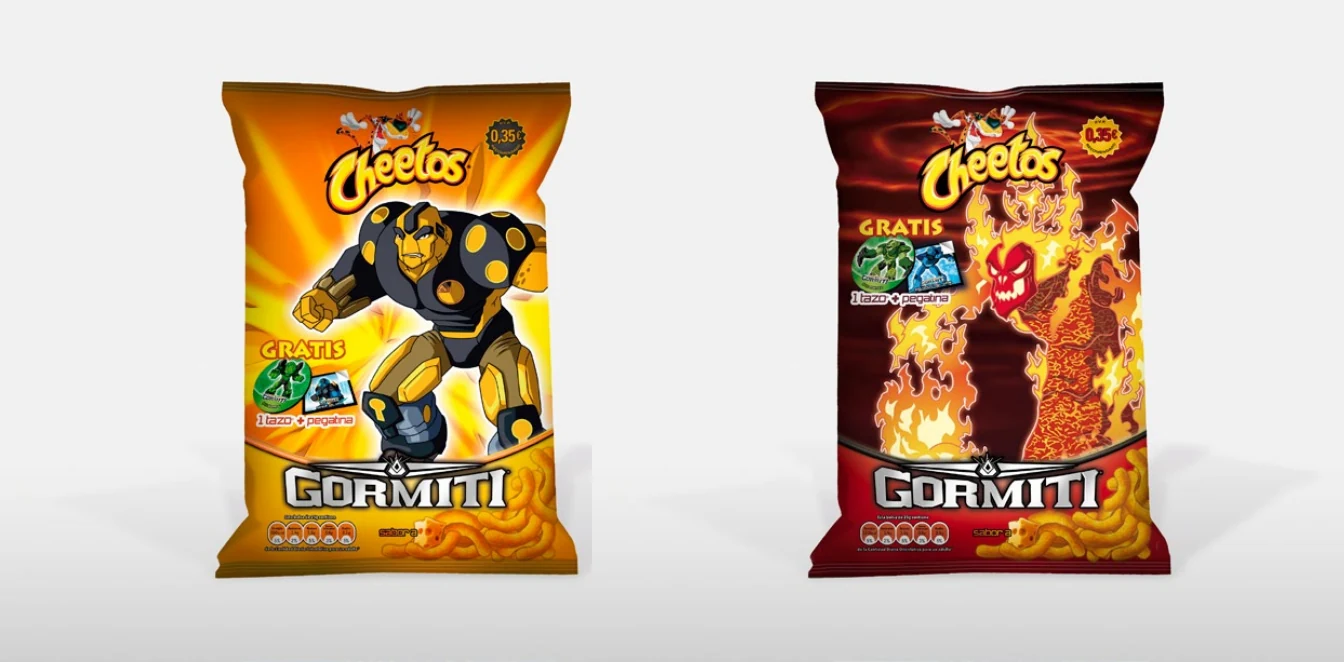 Yellow and red Cheetos Gormiti promotional snack packaging