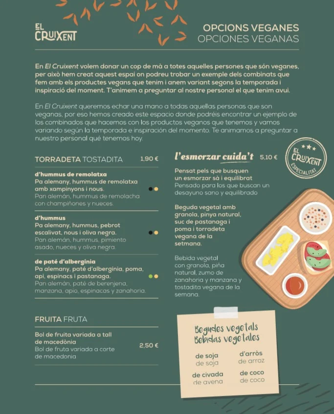 El Cruixent green vegan menu with illustrated food and drinks