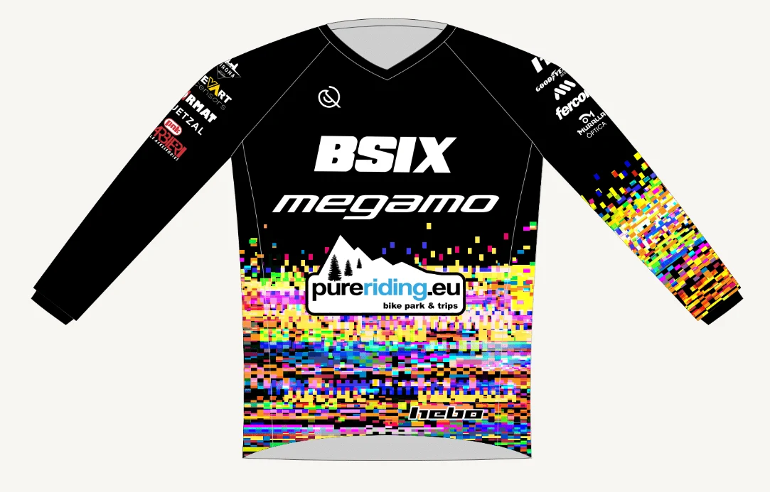 Black Megamo and BSIX enduro jersey with colourful graphic detailing