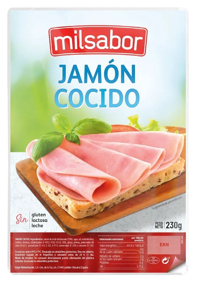 Milsabor cooked ham packaging with a red label and product serving image