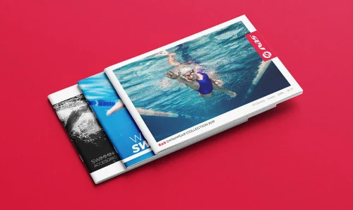 RAS seasonal swimming catalogue on a red background