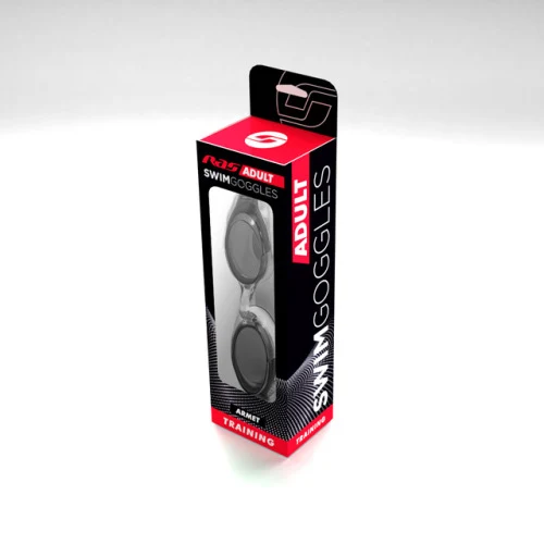 RAS swim goggles in a red and black retail box
