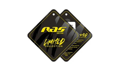 Black and yellow RAS Limited Collection product tags