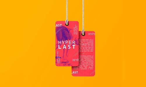 RAS Hyper Last product hang tags on a yellow background