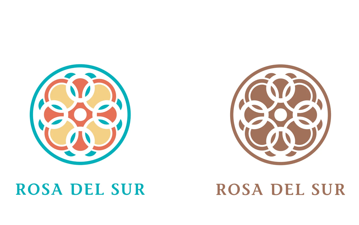 Rosa del Sur circular floral symbol in colour and monochrome versions