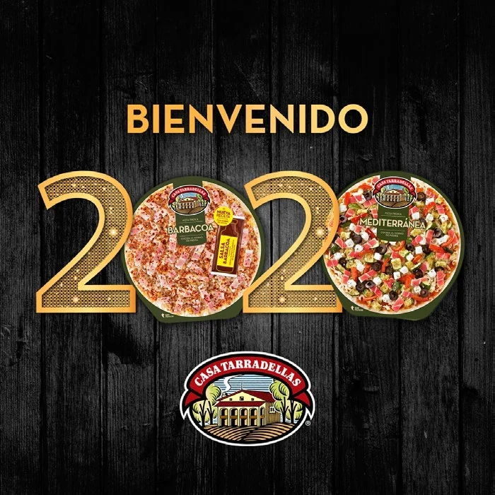 Casa Tarradellas 2020 New Year graphic with pizzas forming the zeros