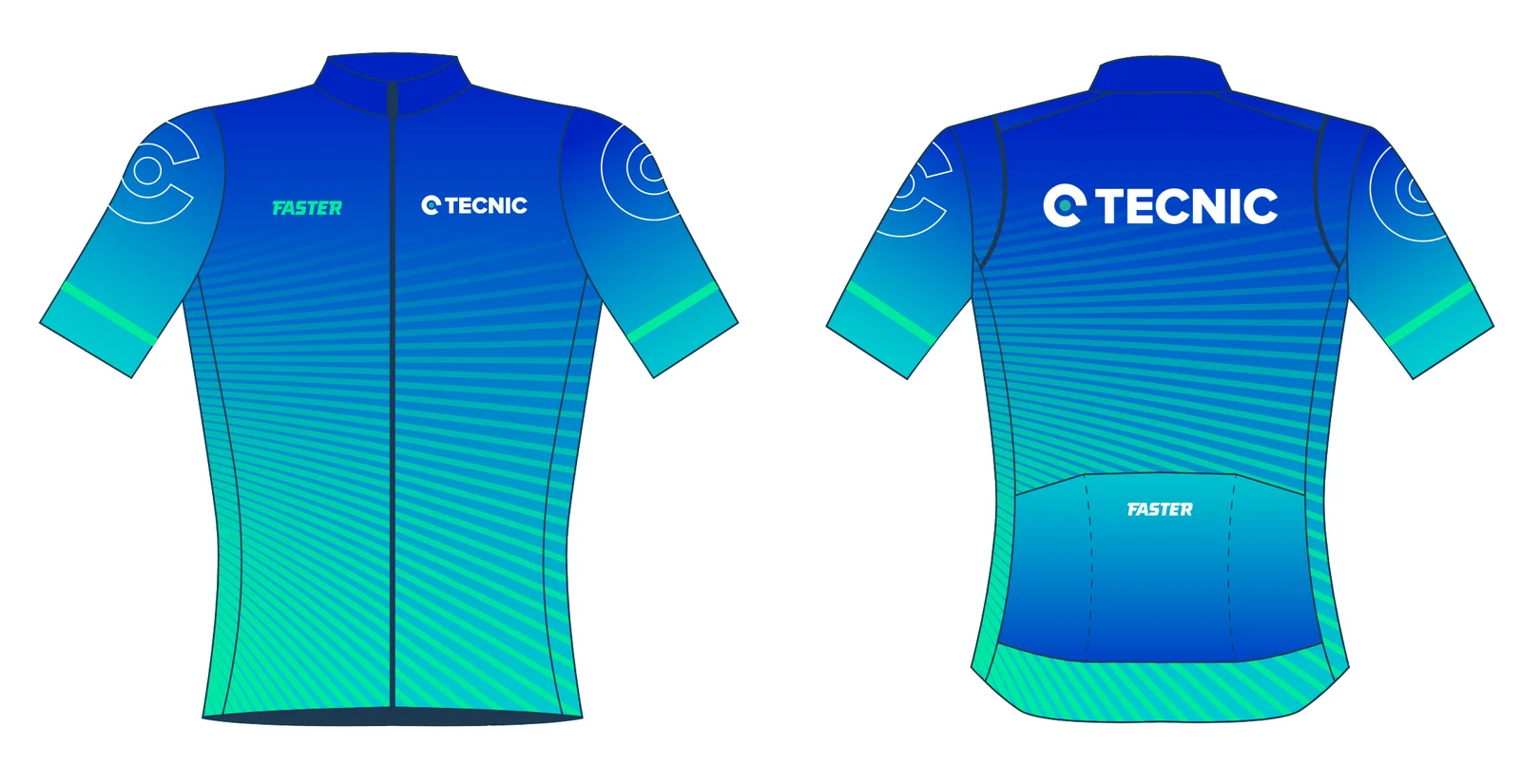 Front and back artwork for a blue and turquoise TECNIC cycling jersey